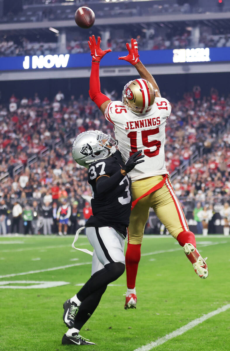 Raiders cornerback Tyler Hall (37) defends a pass intended for San Francisco 49ers wide receive ...