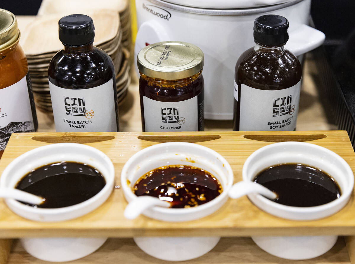 Three types of soy sauces are displayed at Cin Soy booth during Fancy Food Show at the Las Vega ...