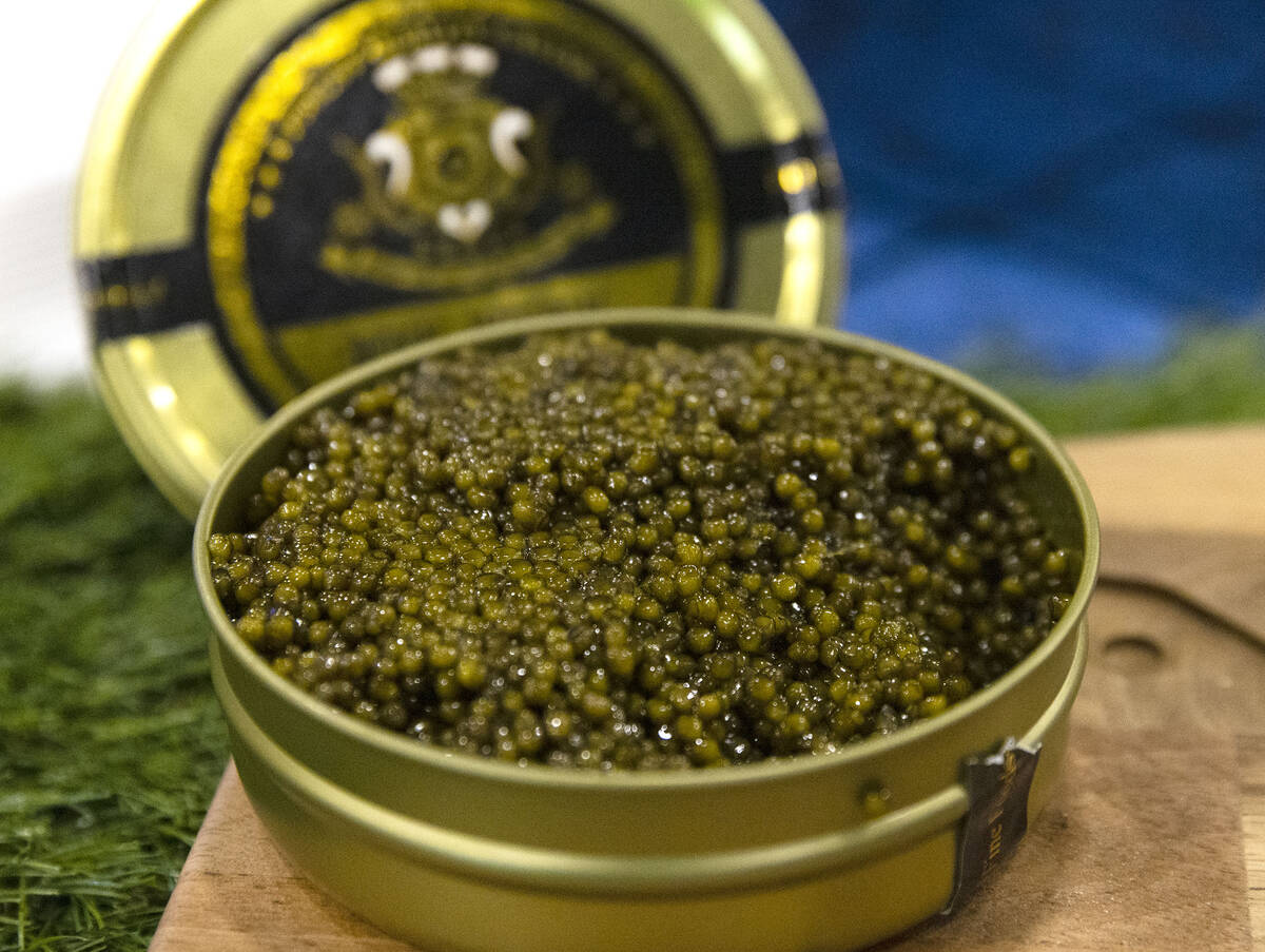 Kaluga caviar, imported from China, is displayed at Bemka Corp. booth during Fancy Food Show at ...