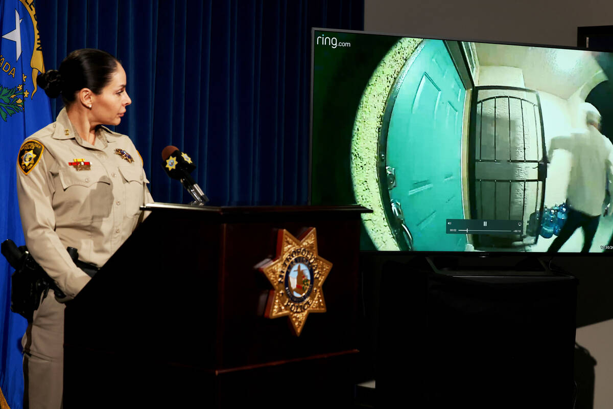Las Vegas police Assistant Sheriff Sasha Larkin shows doorbell camera video during briefing at ...