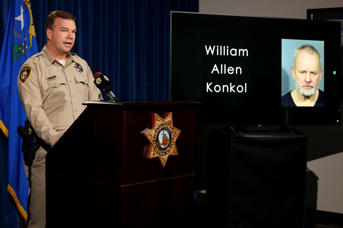 Las Vegas police Assistant Sheriff James Seebock shows a photo of William Allen Konkol during b ...