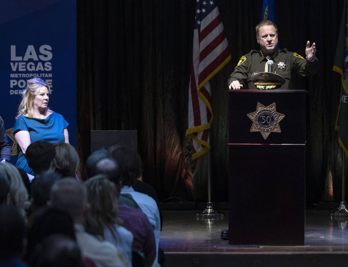 Sheriff Kevin McMahill speaks, after being sworn in as LVMPD Sheriff, as his wife Kelly, left, ...