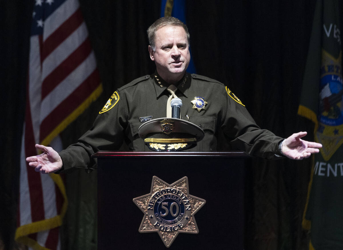 Sheriff Kevin McMahill speaks after being sworn in as LVMPD Sheriff at Blind Center of Nevada, ...