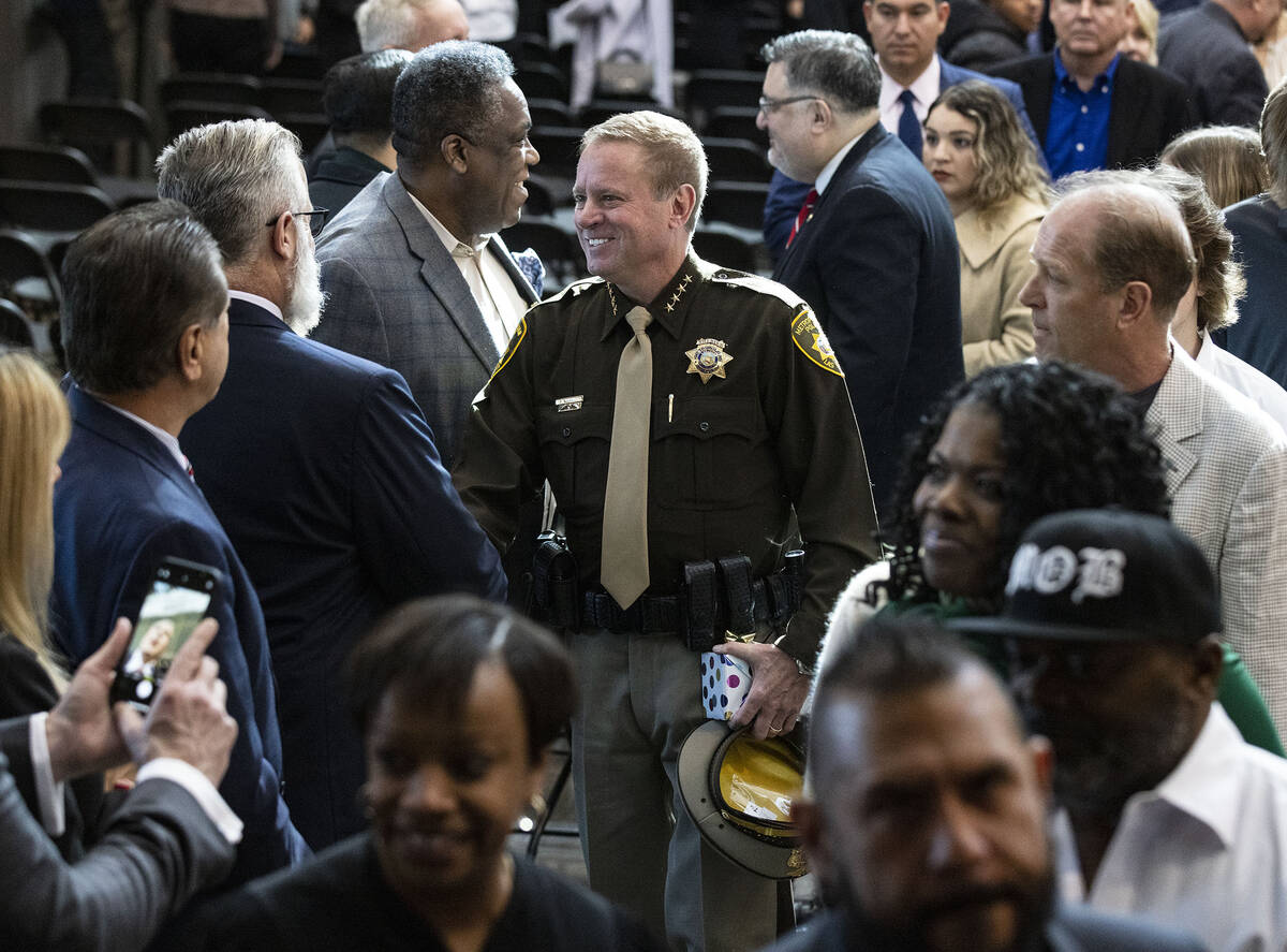Sheriff Kevin McMahill shakes hand with attendees after being sworn as LVPD Sheriff at Blind C ...