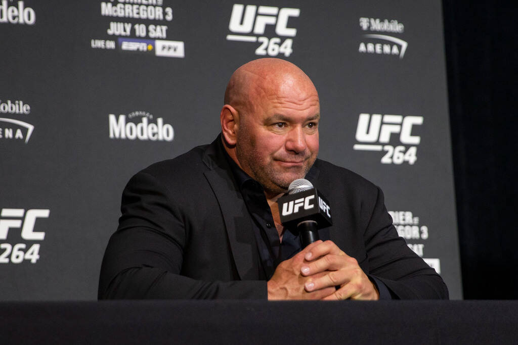 UFC president Dana White answers questions during a post-fight news conference at UFC 264 at th ...
