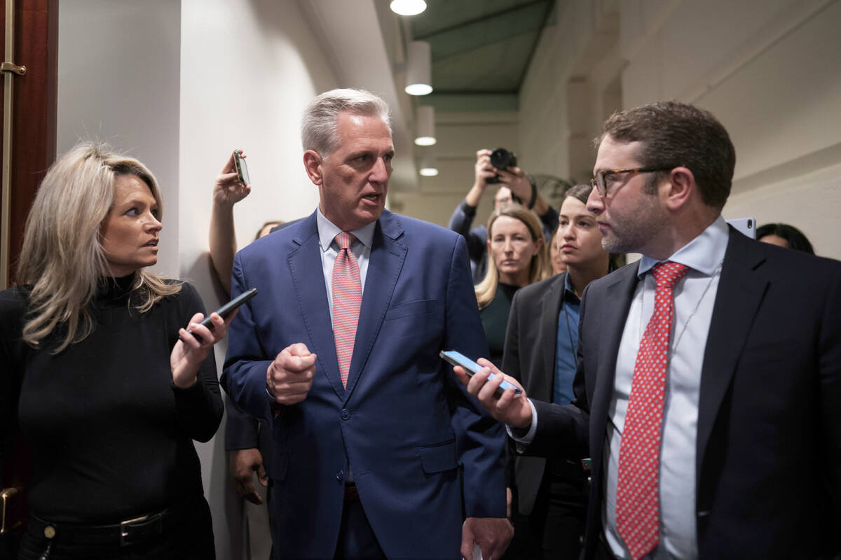 House Republican Leader Kevin McCarthy, R-Calif., arrives for a closed-door meeting with the GO ...