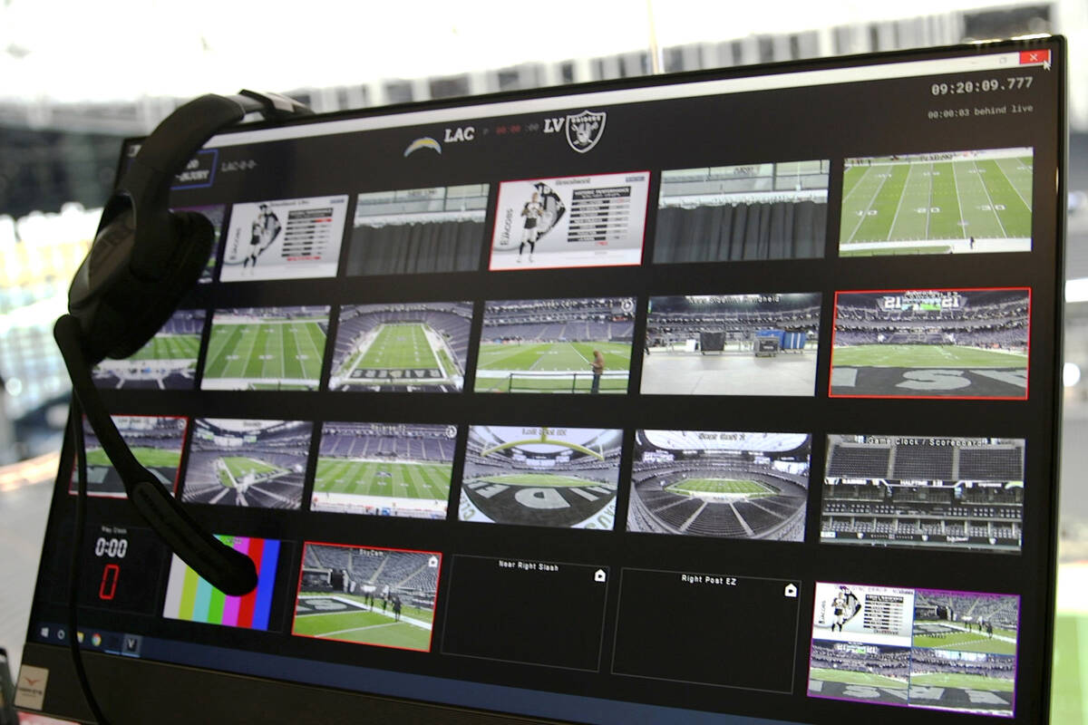 A monitor that is used by technicians to show many angles of Allegiant Stadium to review plays ...