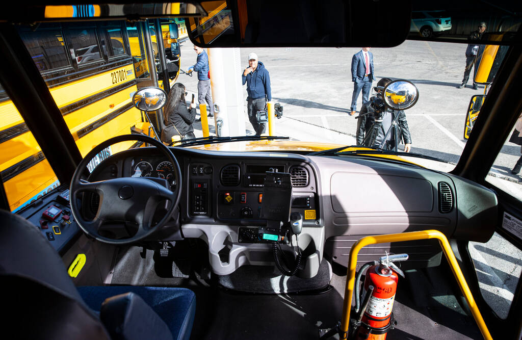 The dashboard of a new electric school bus acquired by the Clark County School District is seen ...