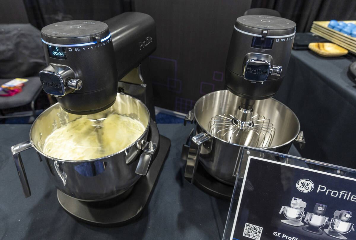 The GE Profile smart stand mixer runs during the CES Unveiled media days event at the Mandalay ...