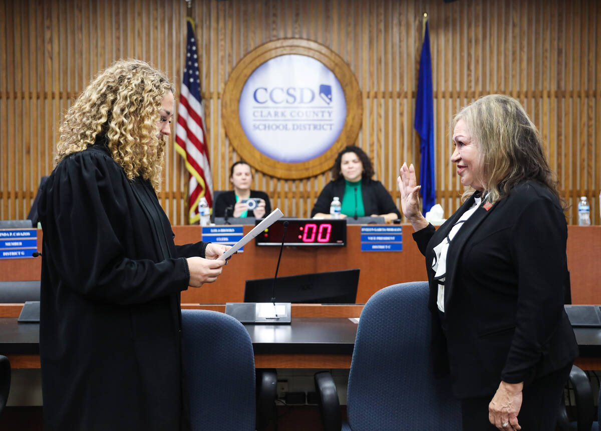 Clark County District Court Judge Carli Kierny swears in Linda Cavazos, incumbent for school bo ...