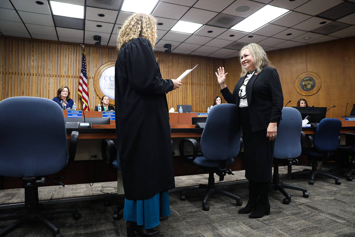 Clark County District Court Judge Carli Kierny swears in Linda Cavazos, incumbent for school bo ...