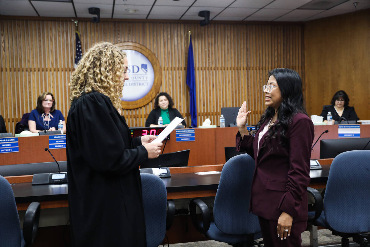 Clark County District Court Judge Carli Kierny swears in Brenda Zamora, newly elected school bo ...