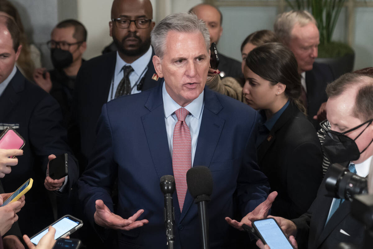 House Republican Leader Kevin McCarthy, R-Calif., speaks after a closed-door meeting with the G ...