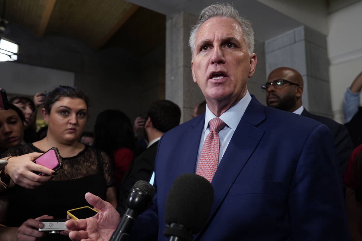 House Republican Leader Kevin McCarthy, R-Calif., speaks to reporters as he pursues the Speaker ...