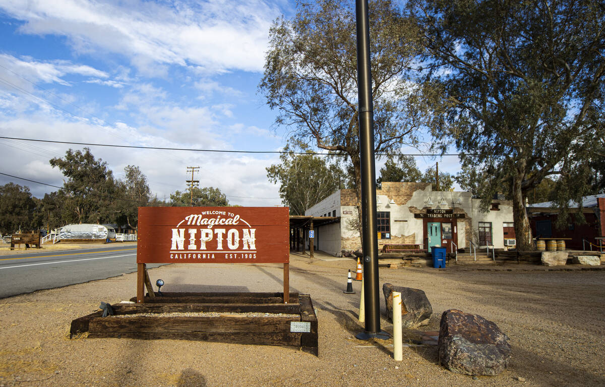 Signage for Nipton, Calif., a small desert town purchased by entertainment company Spiegelworld ...