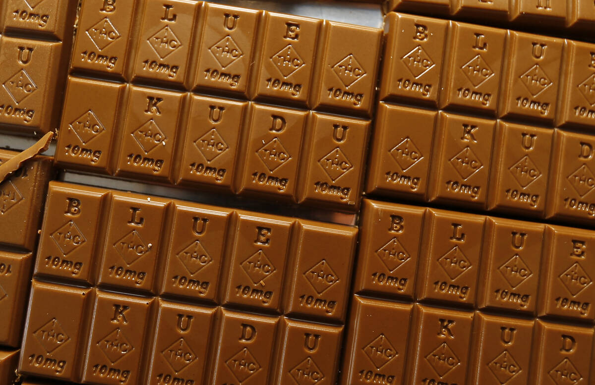 Candy bars marked with Colorado's new required diamond-shaped stamp noting that the product con ...