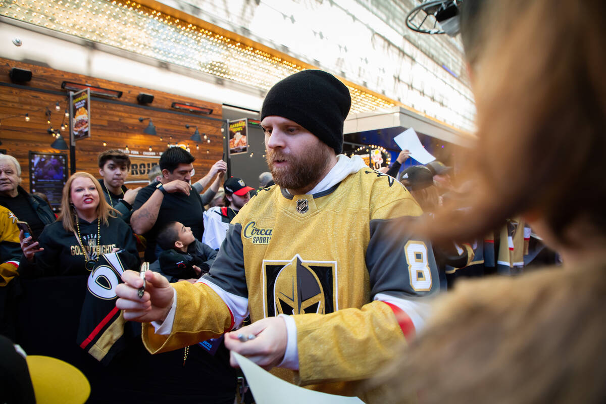 Las Vegas Golden Knights’ Phil Kessel signs autographs during the Fan Fest at the Fremon ...