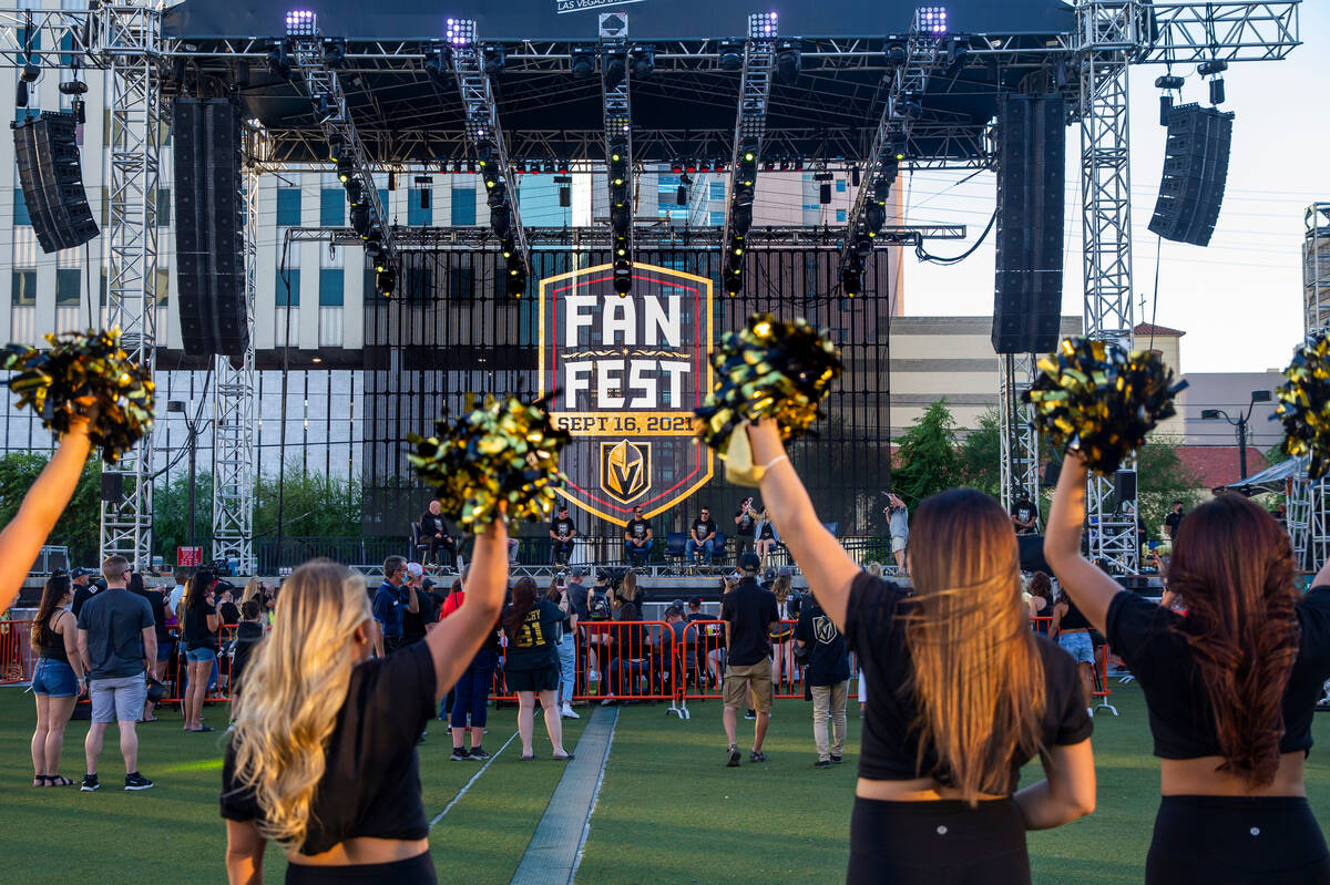 Las Vegas Vivas cheer for players on the stage during the Golden Knights annual Fan Fest at the ...