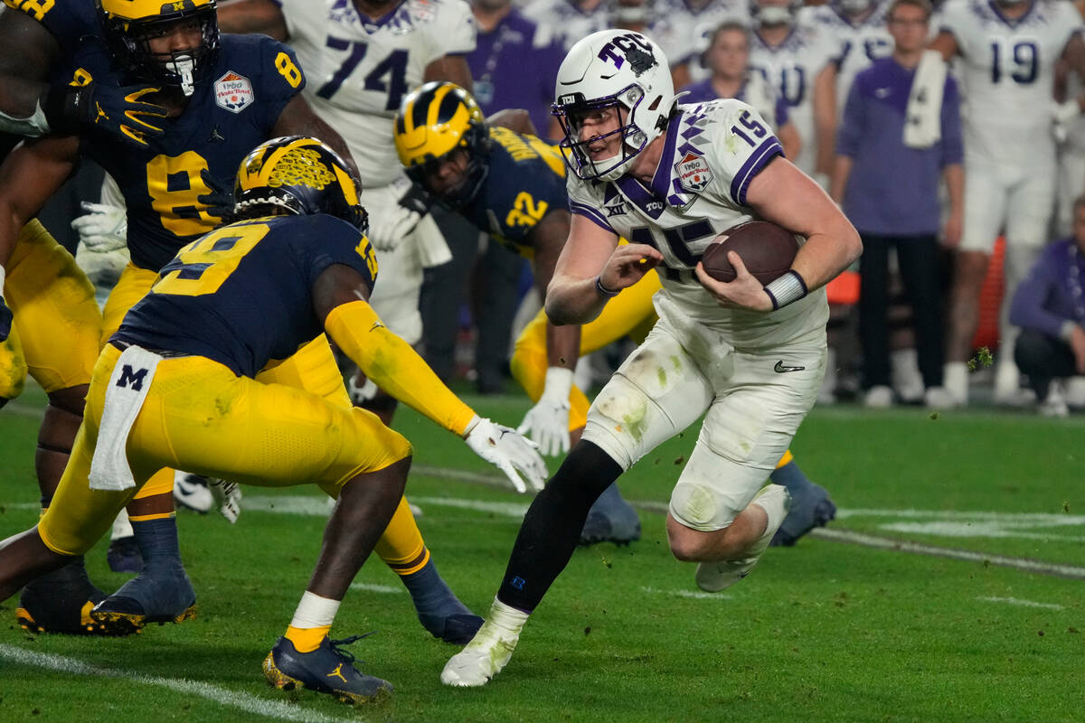 TCU quarterback Max Duggan (15) during the first half of the Fiesta Bowl NCAA college football ...