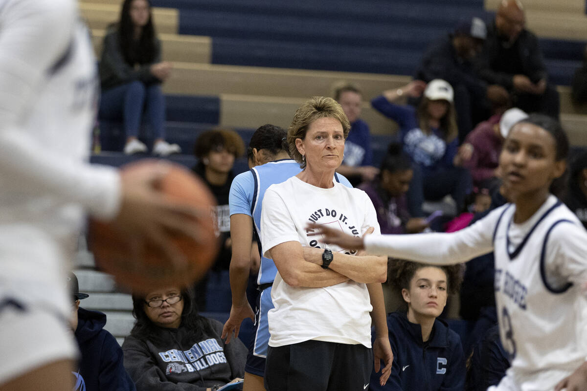 Centennial head coach Karen Weitz watches as Shadow Ridge players handle the ball during a girl ...