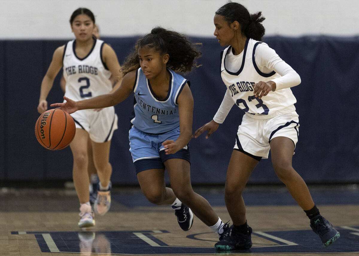 Centennial’s Azaia Tatum (1) dribbles around Shadow Ridge’s Niela Marshall (23) f ...