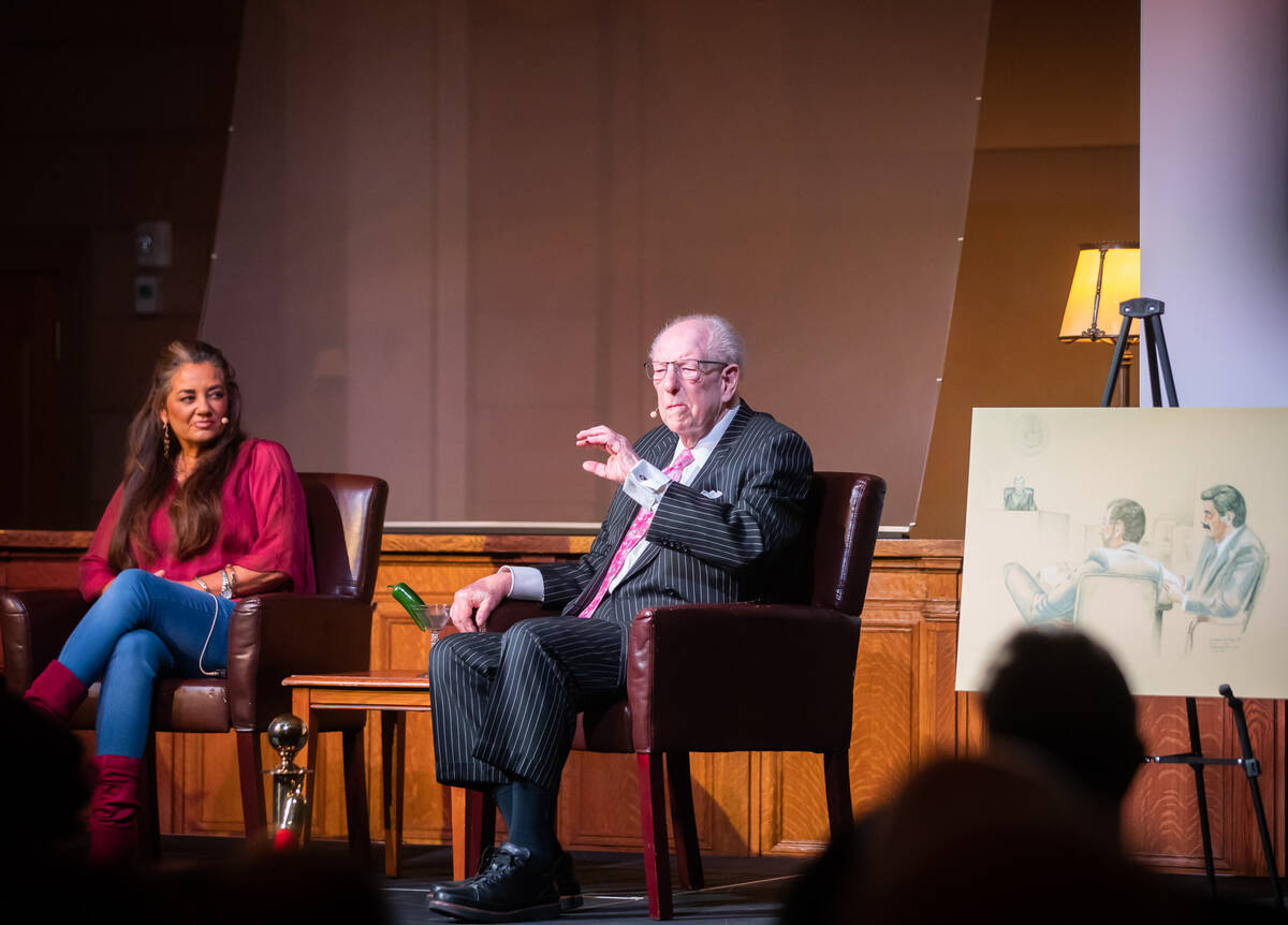 Oscar Goodman, right, speaks during a panel to discuss the 40th anniversary of the Jimmy Chagra ...