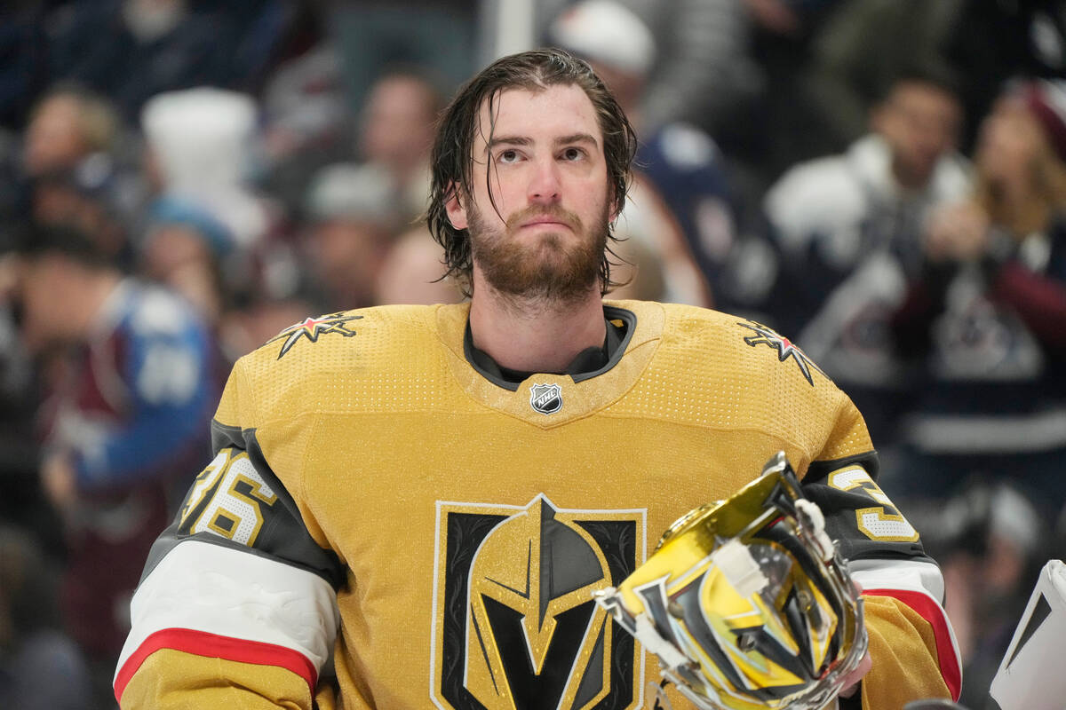 Vegas Golden Knights goaltender Logan Thompson (36) in the third period of an NHL hockey game M ...