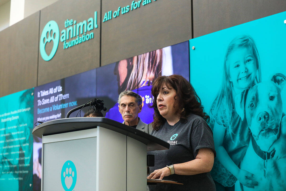 FILE - Hilarie Grey, chief executive officer at the Animal Foundation, addresses the media at a ...