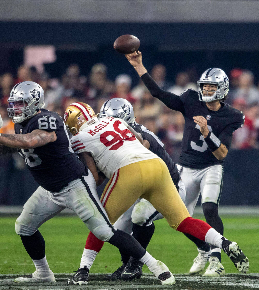 Raiders quarterback Jarrett Stidham (3) throws against the against the San Francisco 49ers duri ...