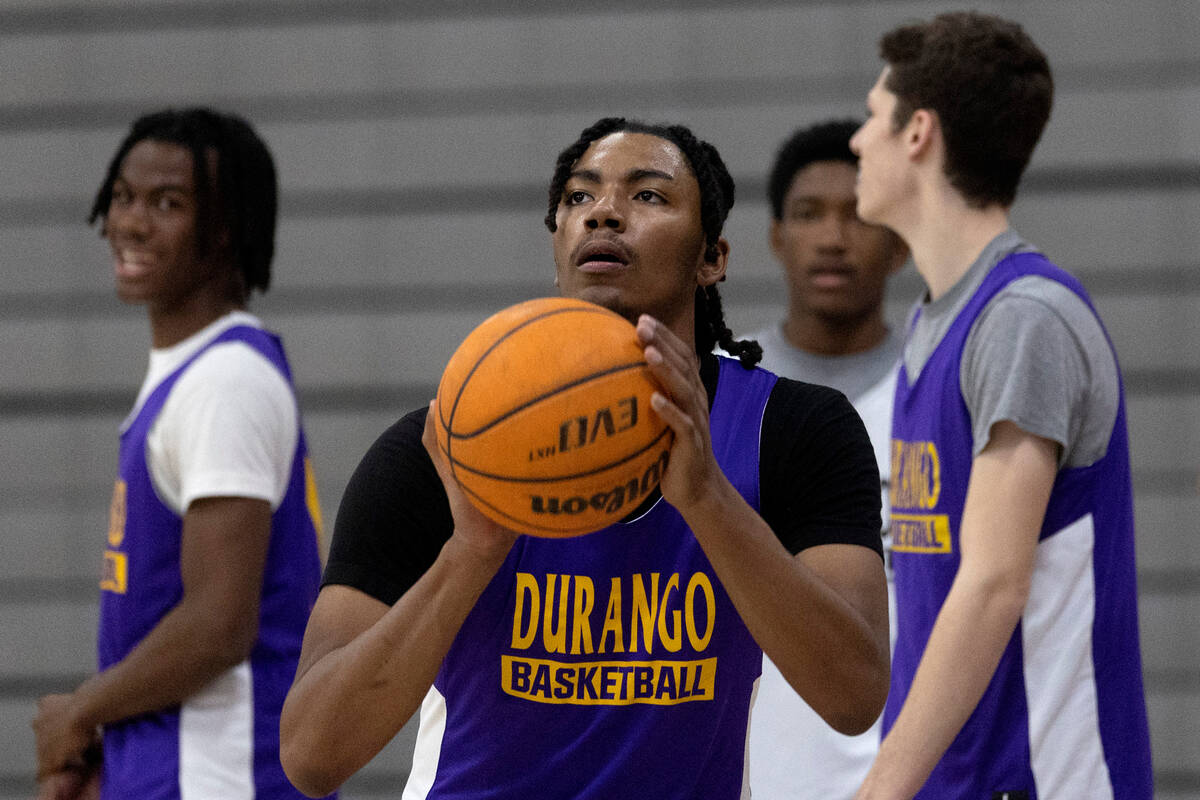 Durango’s Taj Degourville prepares to shoot during a boys high school basketball practic ...