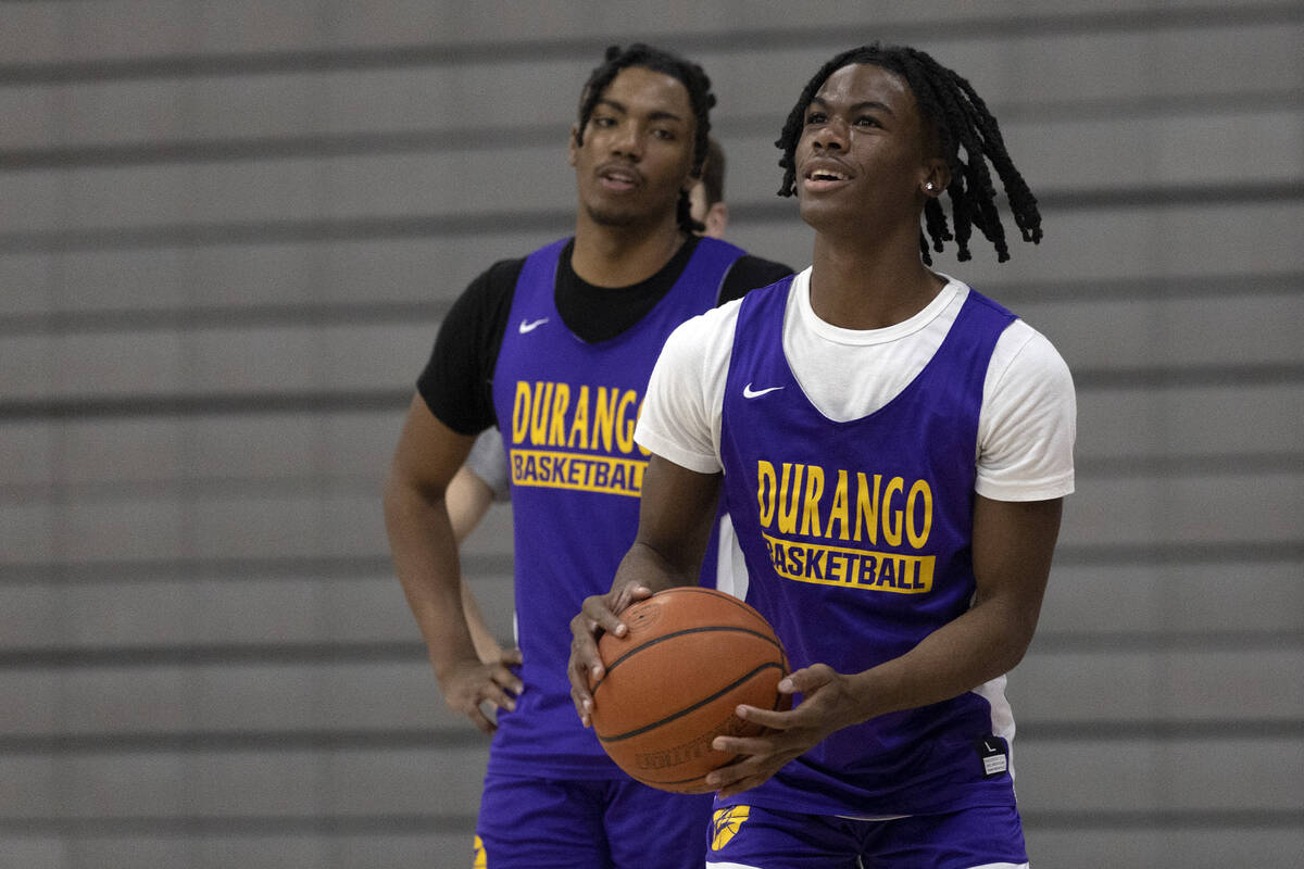 Durango’s Tylen Riley prepares to shoot during a boys high school basketball practice at Dura ...