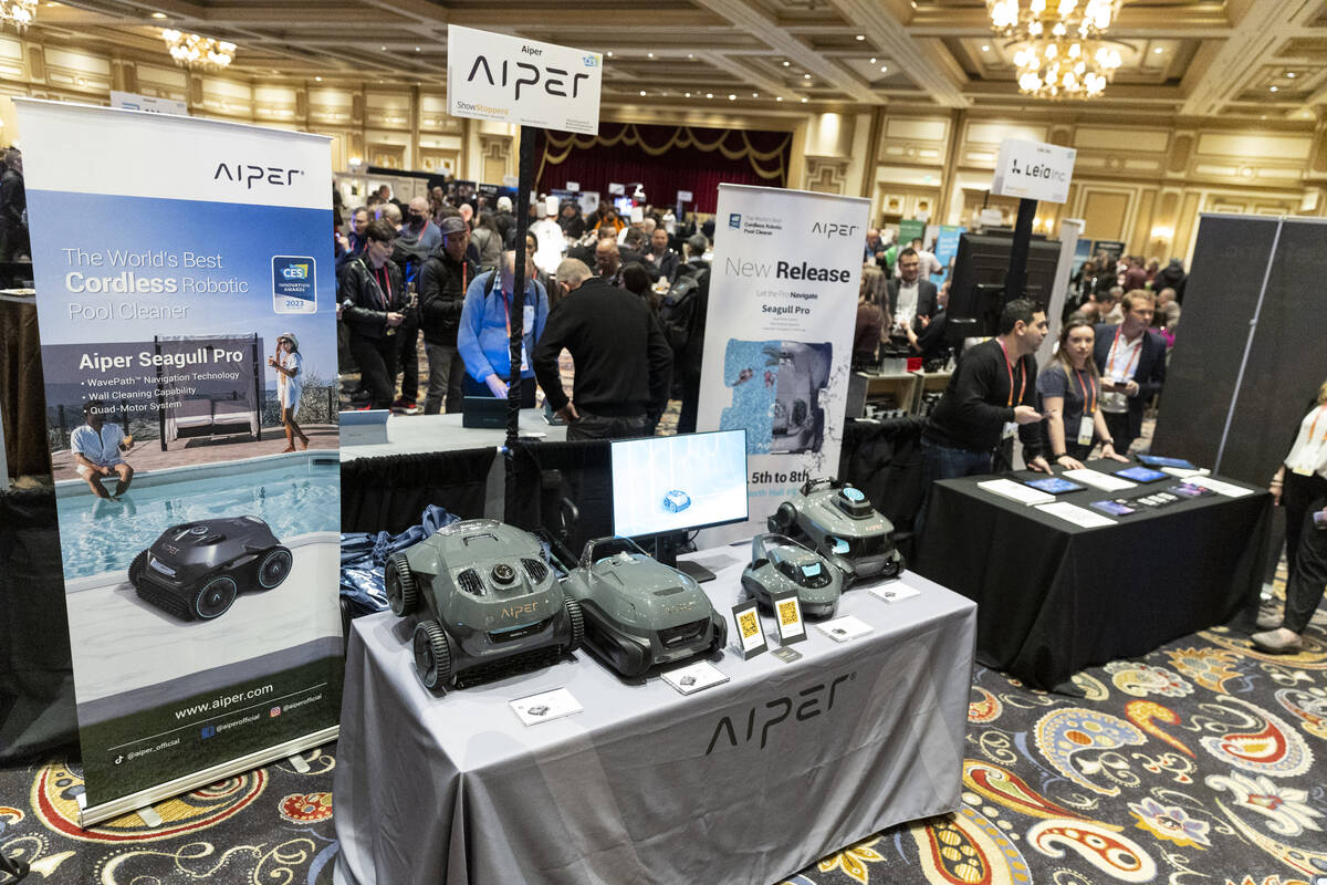 The Aiper Seagull Pro pool cleaner is showcased during the CES ShowStoppers event at the Bellag ...
