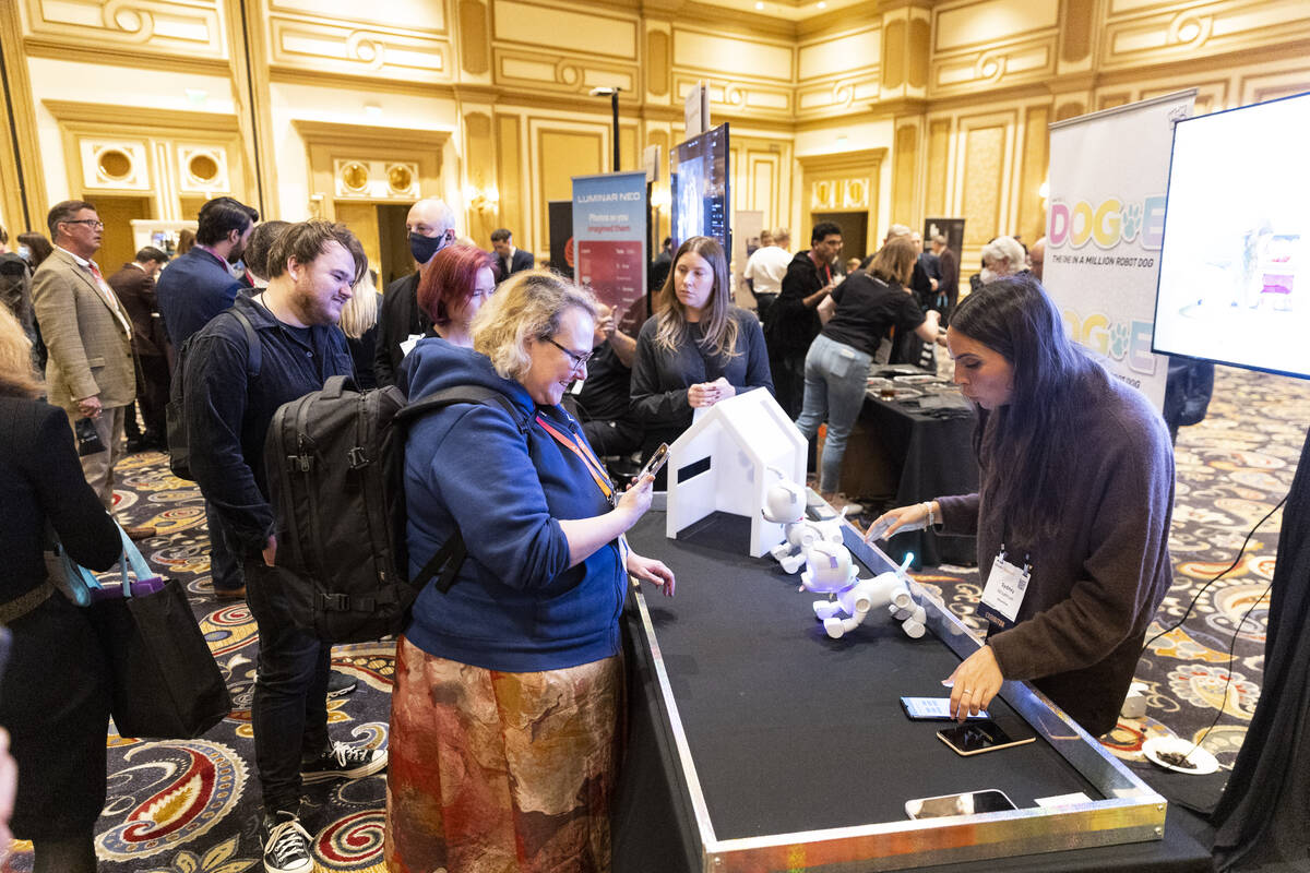 Sydney Wiseman, right, gives a demonstration of the WowWee Dog-E toy during the CES ShowStopper ...