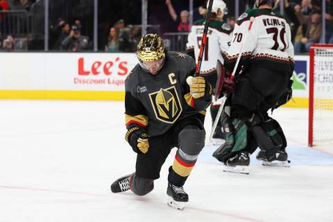 Vegas Golden Knights right wing Mark Stone (61) celebrates his goal against the Arizona Coyotes ...