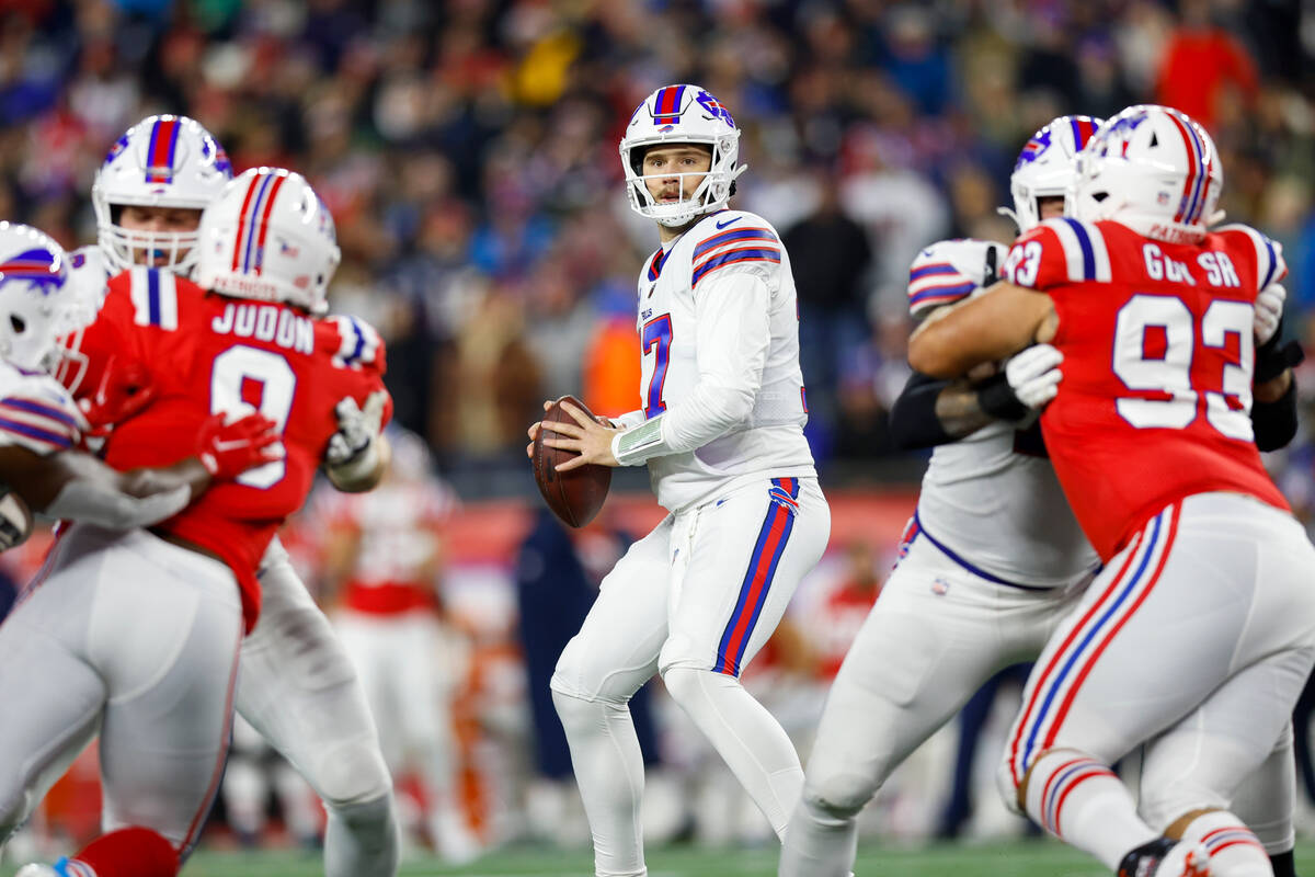 Buffalo Bills quarterback Josh Allen (17) in the pocket during the first half an NFL football g ...