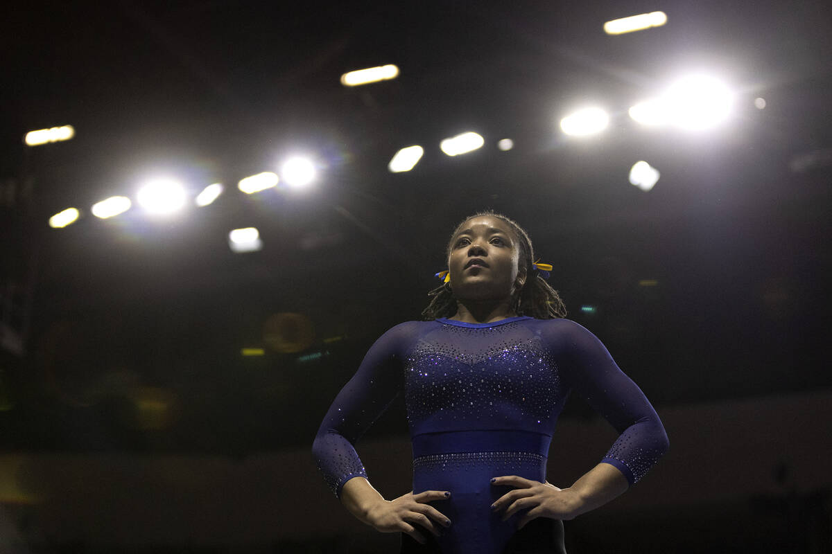 Fisk University’s Naimah Muhammad prepares to compete in the floor exercise during sessi ...