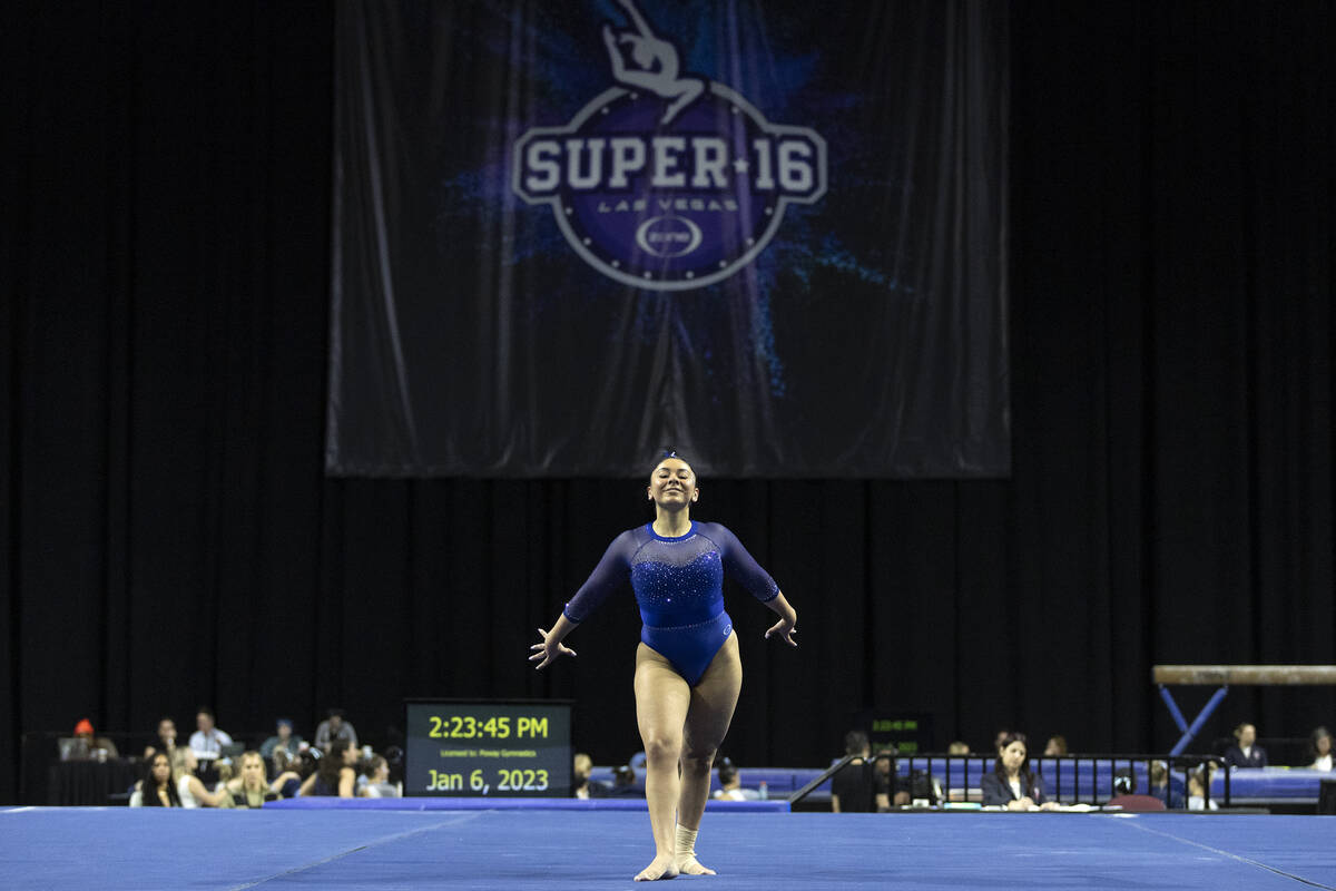 Liberty Mora, Fisk University, performs her floor routine during session one of the Super 16 Gy ...