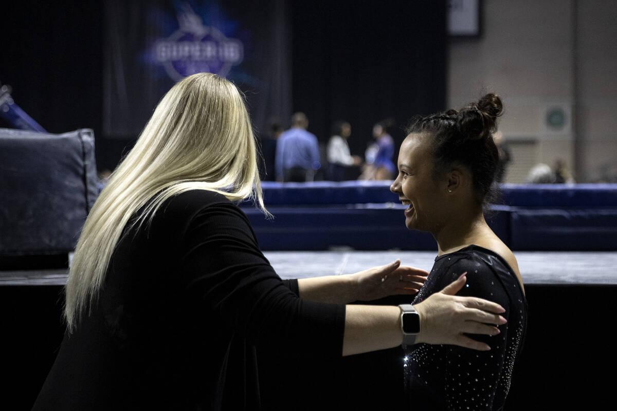 Southern Utah University’s Trista Goodman, who is from Henderson, is congratulated by her ass ...