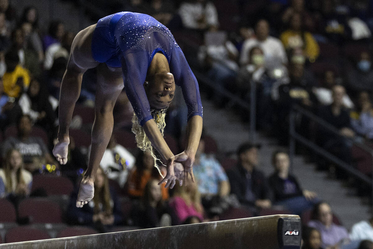 Fisk University’s Alyssa Wiggins performs balance beam during session one of the Super 1 ...