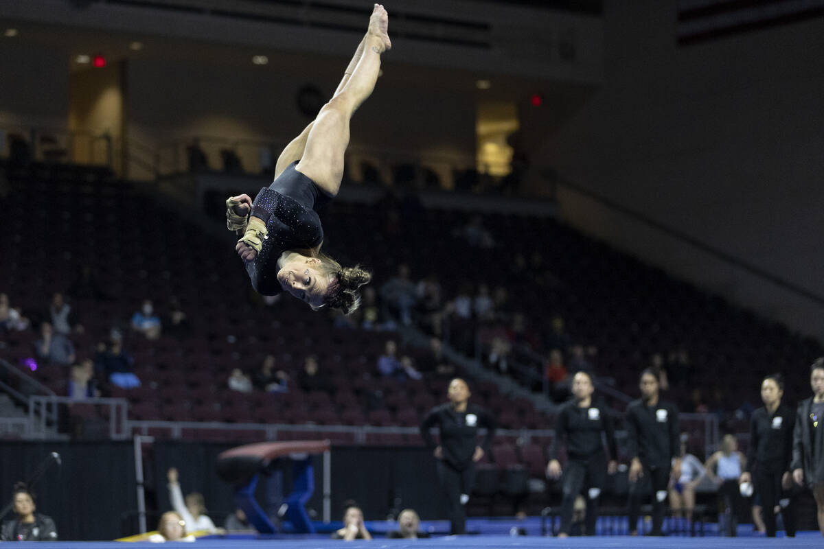 South Utah University’s Ellie Cacciola performs her floor routine during session one of ...