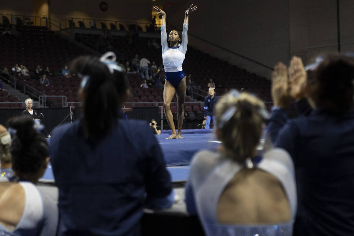 Kaya Forbes, University of North Carolina, performs her floor routine during session one of the ...