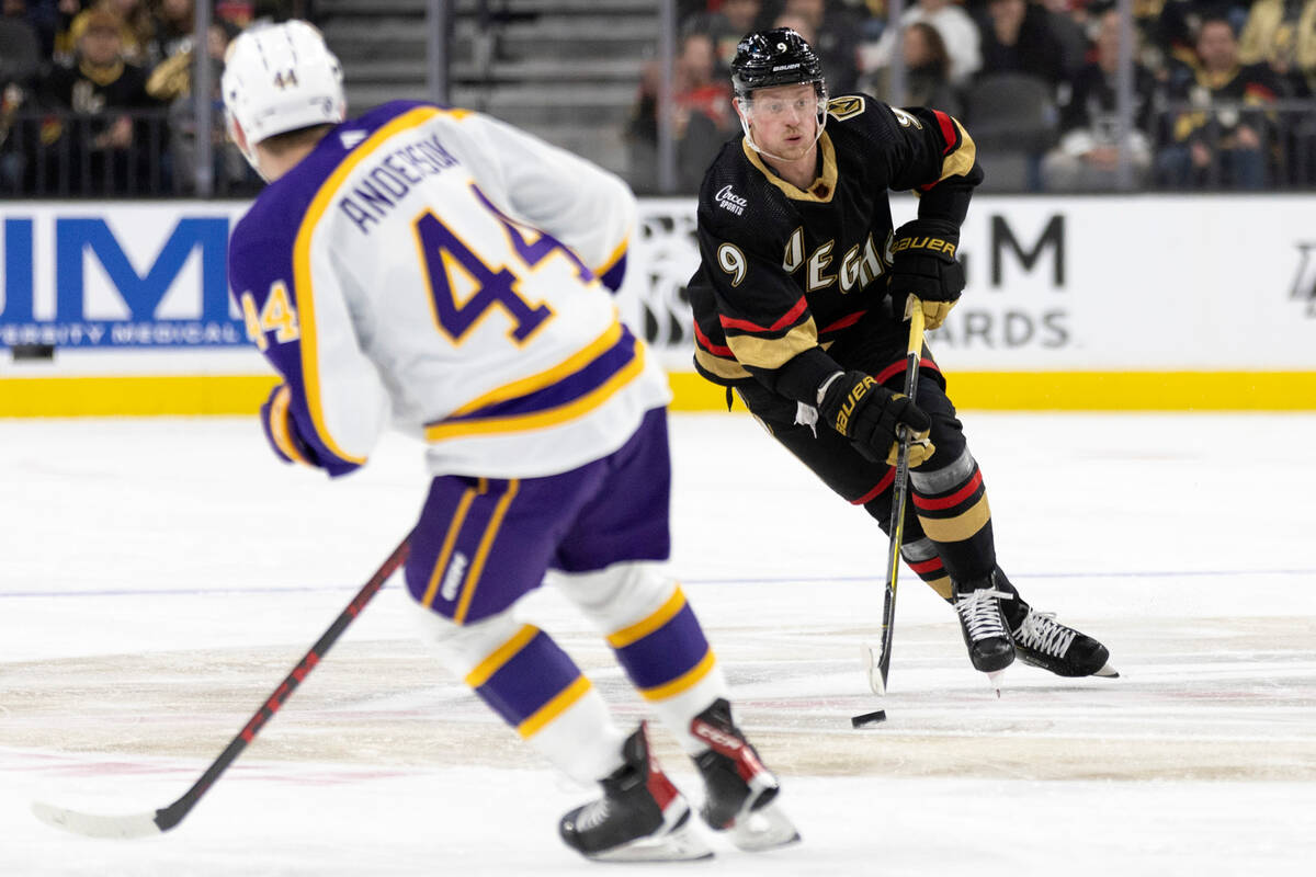 Vegas Golden Knights center Jack Eichel (9) skates up the ice while Los Angeles Kings' Mikey An ...