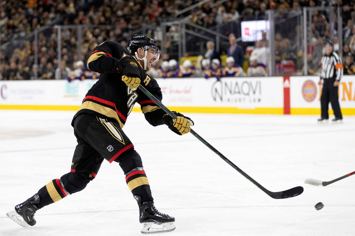 Vegas Golden Knights right wing Reilly Smith shoots during the second period of the team's NHL ...