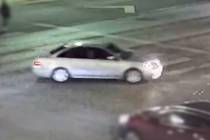 Las Vegas police Friday, Jan. 6, 2023, released photos of a silver four-door sedan believed to ...