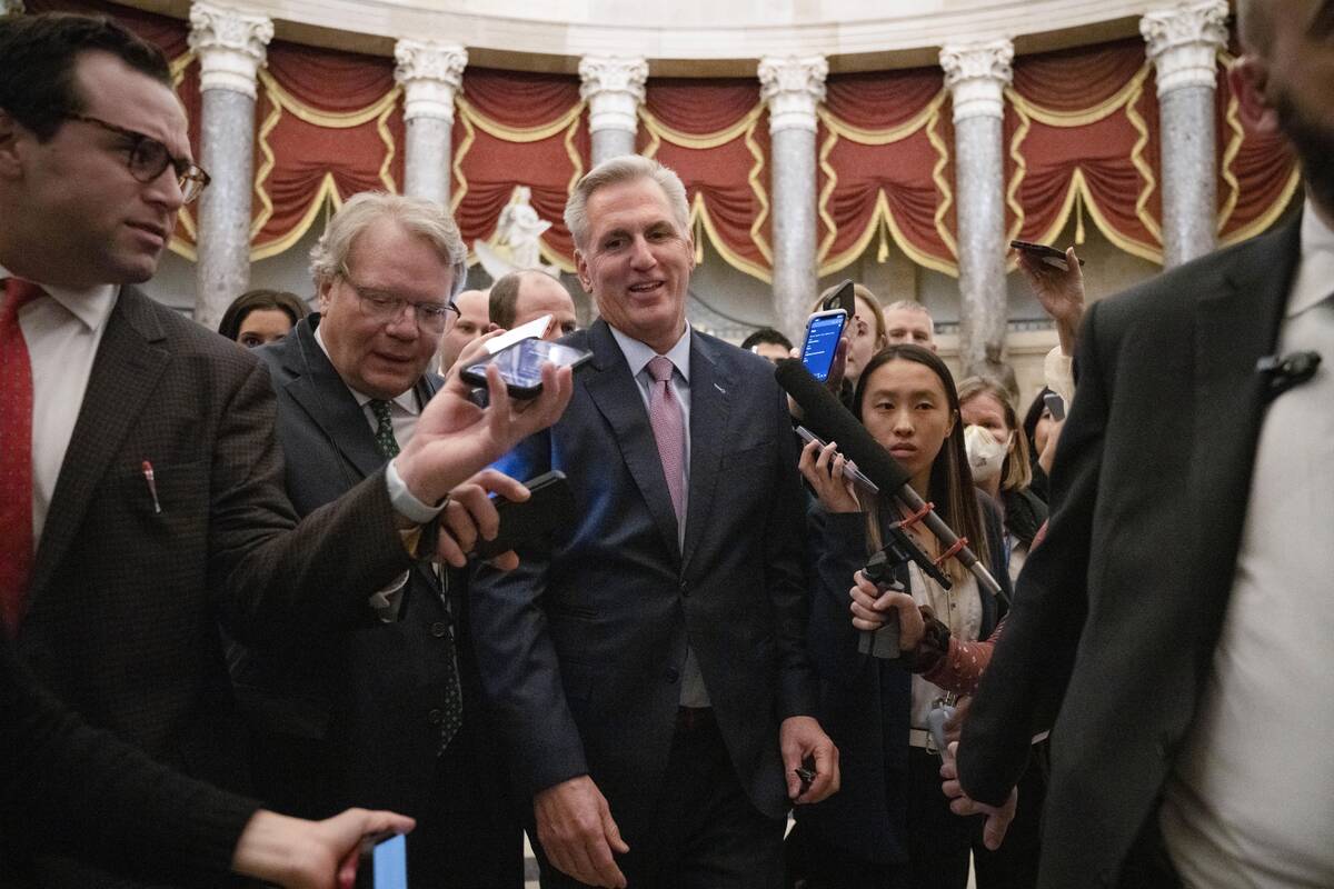 Rep. Kevin McCarthy, R-Calif., walks to the House chamber, Friday, Jan. 6, 2023, to attend the ...