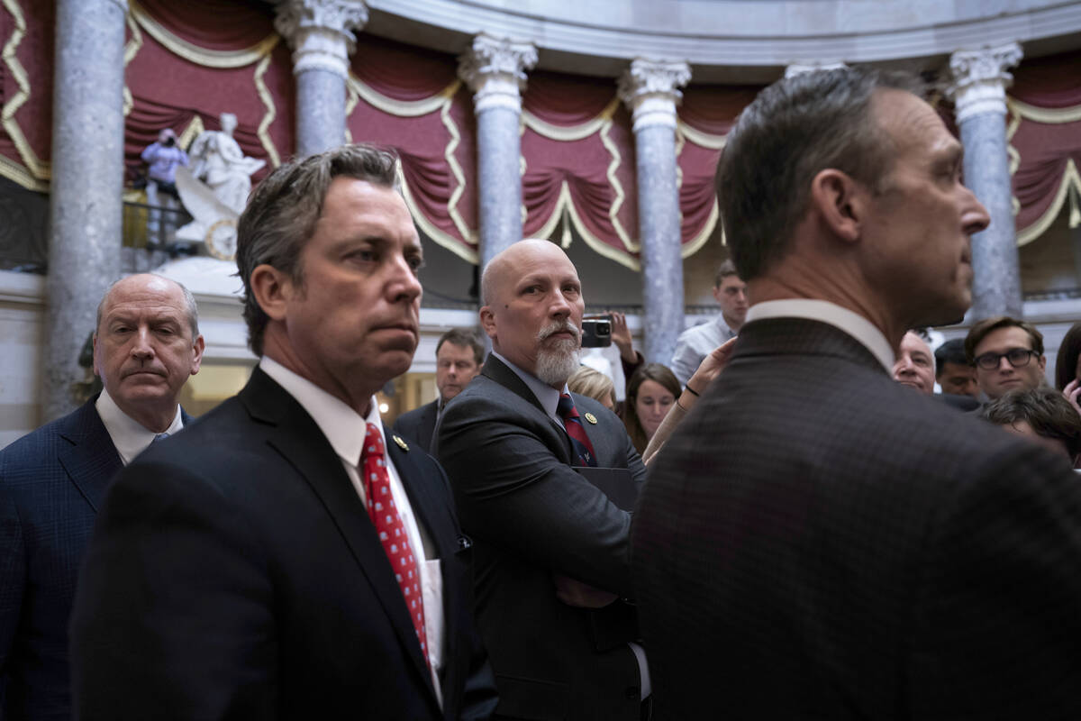 Members of the conservative House Freedom Caucus, from left, Rep. Dan Bishop, D-N.C., Rep. Andy ...