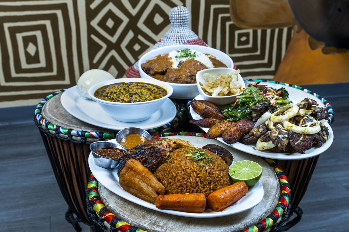 (Clockwise from bottom) The Jollof Rice, Egusi Soup, Mafe-Domoda “Peanut Butter Stew&#x2 ...