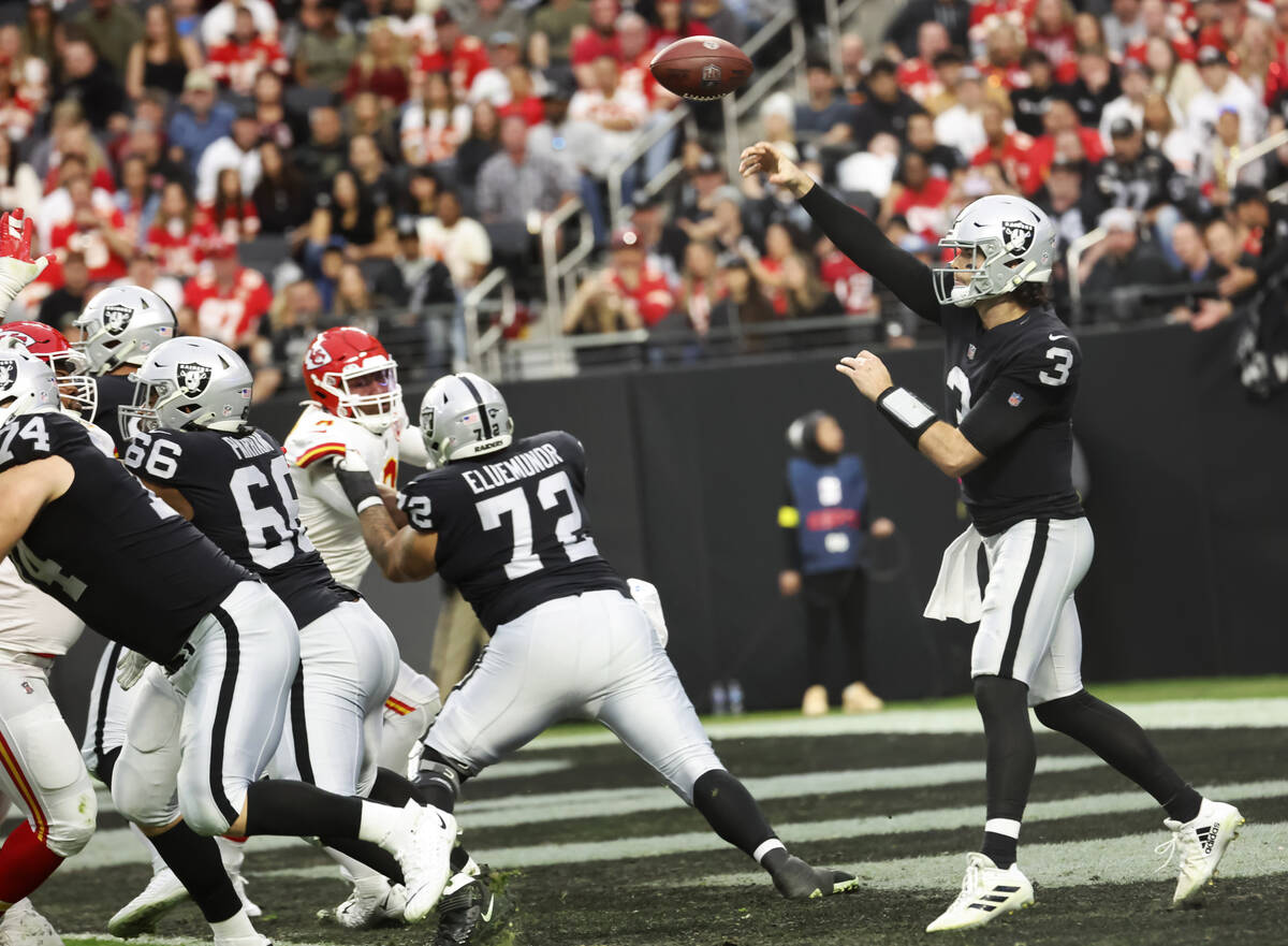 Raiders quarterback Jarrett Stidham (3) throws a pass during the first half an NFL game against ...