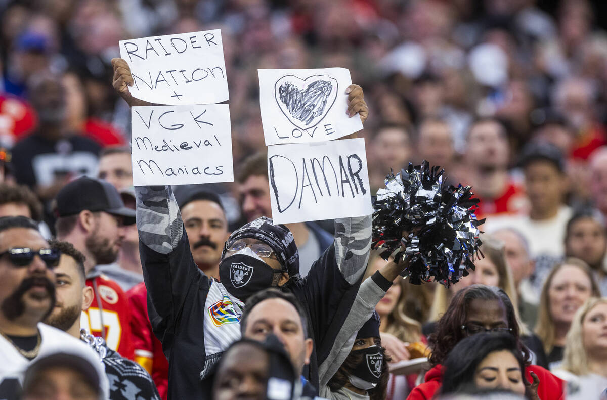 Fans show their support for injured player Damar Hamlin as the Raiders face the Kansas City Ch ...