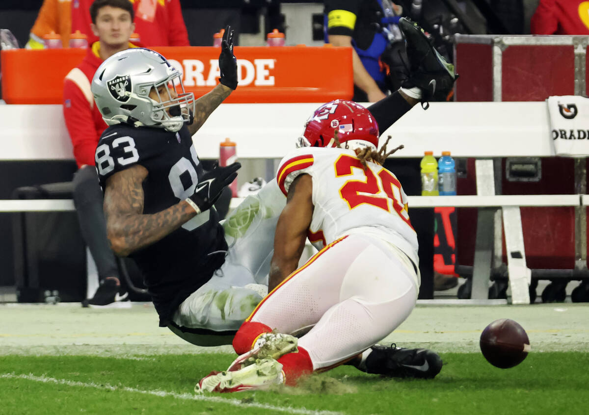 Kansas City Chiefs safety Justin Reid (20) breaks up a pass intended for Raiders tight end Darr ...